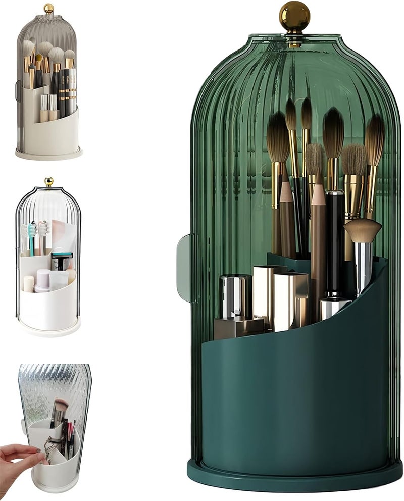 BUENLY Concealed Toothbrush Holder, Rotating Bathroom Organizer Countertop, Toothbrush Holders with Cover, Bathroom Counter Organizer with Covered Makeup Brush Holder (1pcs Green) - Image 1